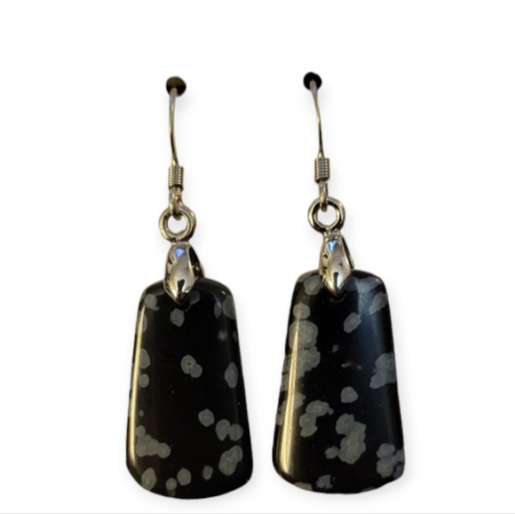 18k white gold Natural Black Snowflake Obsidian Trapezoid Stone Earrings - Picture 2 of 8